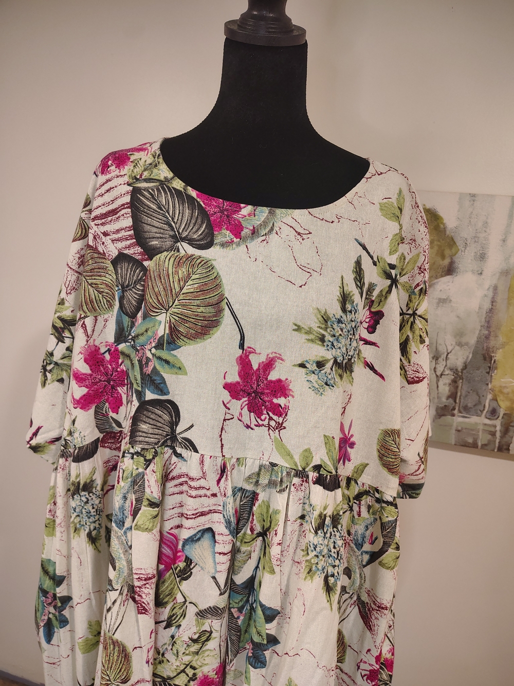 Tropical Linen Floral Maxi Dress in White and Pink 3x - Picture 7 of 12